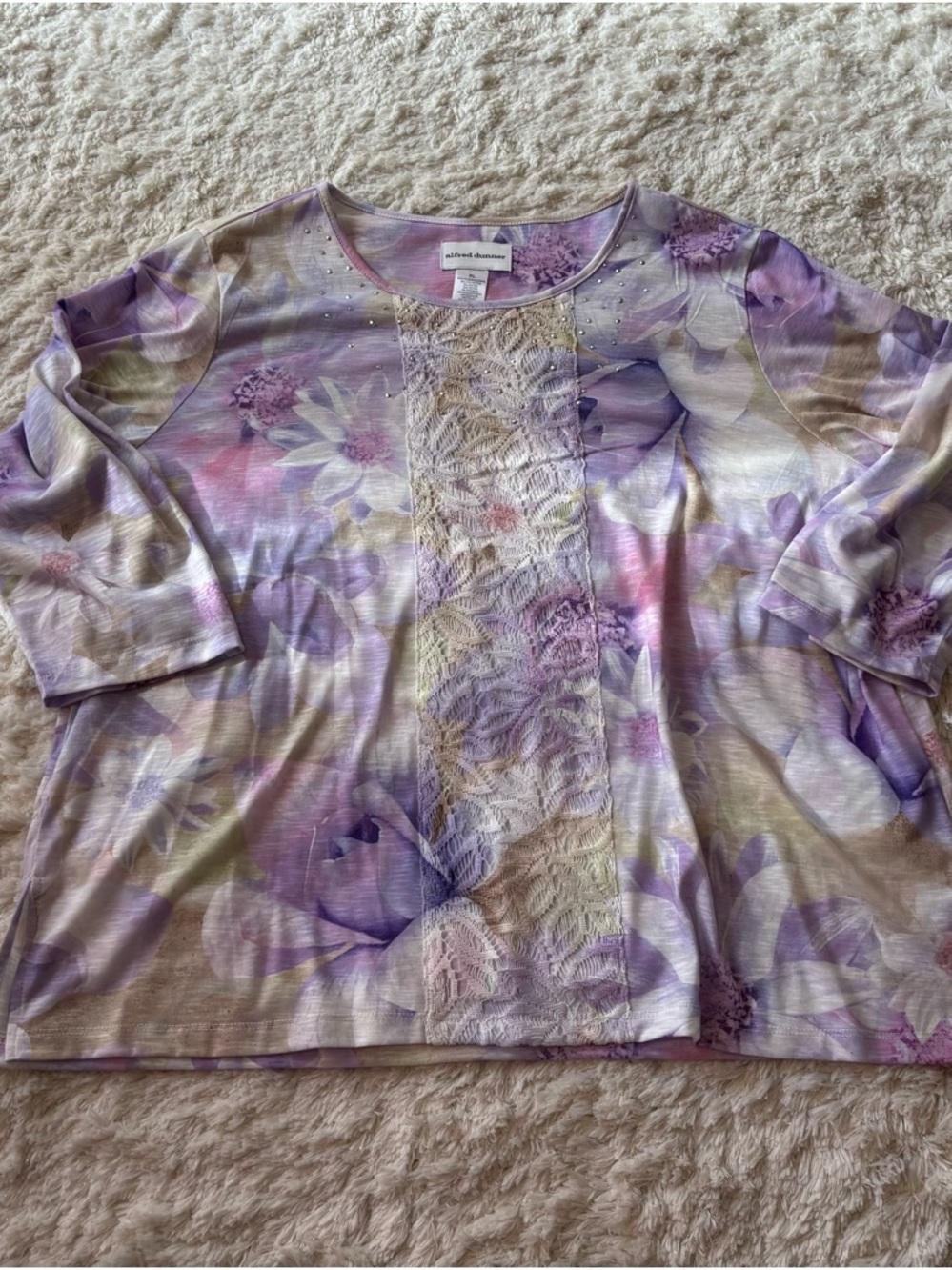 Alfred Dunner Lavender and Cream Floral Lace-Front 3/4 length Sleeve Top